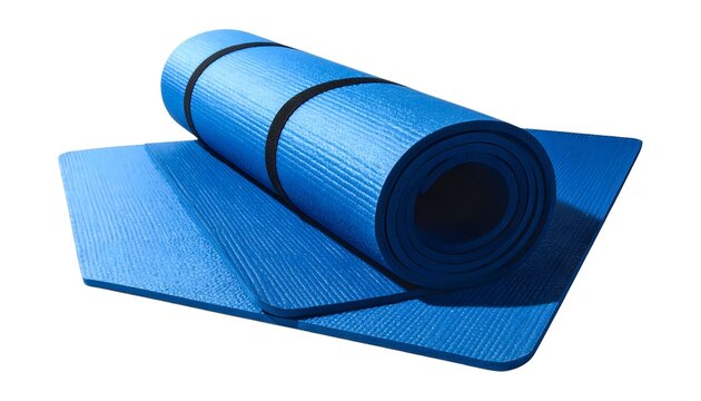Blue Exercise Mat Rolled Up, Isolated on White Background