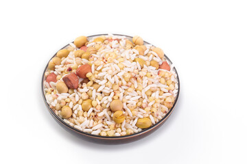 Mixed Grains Rice Soybeans Peanuts Legumes Bowl Healthy Food Ingredients White Background