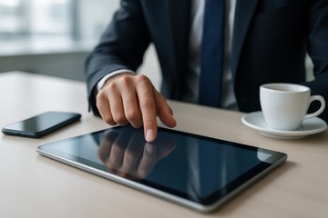 Business professional working on tablet: A sharp businessperson diligently uses a tablet, a smartphone nearby and coffee cup set the scene of a productive business environment.