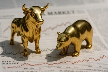 Bull and Bear: A symbolic depiction of market trends, featuring a golden bull and bear positioned on top of financial report, which represents a visual metaphor for market fluctuations.