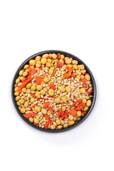 Mixed Legumes Soybeans Lentils Grains Cereals Black Bowl Healthy Protein Ingredients White Background