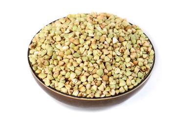 Raw Buckwheat Groats in Bowl on White Background - Healthy Whole Grain Cereal