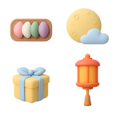 Claymorphism Chuseok icons set of 4, pastel 3D songpyeon rice cakes on tray full moon with cloud silk bojagi gift box and traditional lantern, isolated PNG for Korean autumn harvest visuals