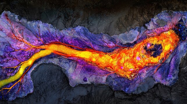 A glowing malignant growth being starved of its vibrant nutrient streams on a dark field.