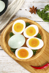 Fresh Duck Eggs with Golden Yolks on Wooden Plate - Farm Fresh Organic Free-Range Eggs