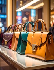 A selection of stylish leather handbags displayed on a modern store counter. Vibrant colors and smooth leather create a sophisticated and luxurious display.