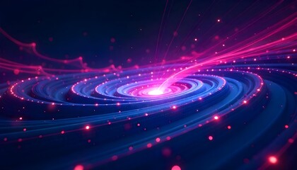 Digital waveforms and sound frequency lines in neon blue and pink, flowing abstract tech background, dynamic energy .