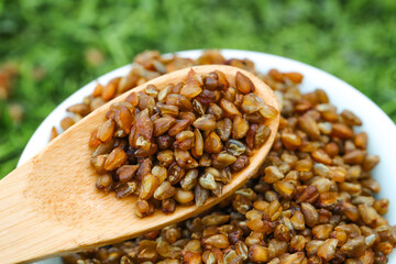 Healthy Mixed Grains Buckwheat Rice Cereal Bowl Wooden Spoon Natural Organic Food