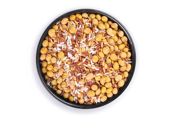 Mixed dried grains beans rice and nuts in black bowl - healthy cooking ingredients variety combo