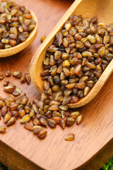 Mixed Grains Buckwheat Rice Seeds Healthy Organic Food Ingredients in Wooden Bowls Natural Nutrition Concept