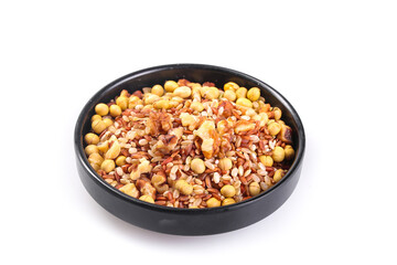 Five grain soybean peanut blend mix in black farmhouse bowl healthy legumes seeds cooking ingredients