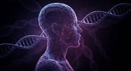 Human Figure with DNA Strands Dark Science Tech Concept