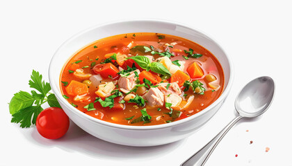 Warm bowl of hearty firefly minestrone soup with a spoon isolated on white background perfect for comfort food lovers