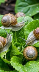 Garden snails crawling on wet green lettuce leaves. Pest mollusks eating fresh vegetable. Plant damage concept.