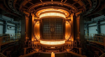 Dramatic view of a large, illuminated industrial core, possibly a fusion reactor or particle accelerator, symbolizing advanced science and energy.