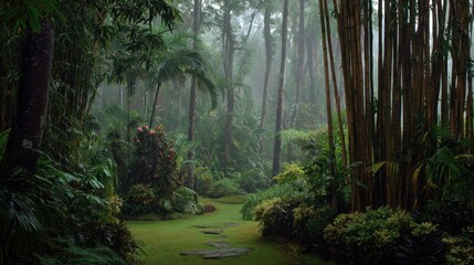 Fototapeta premium Lush tropical garden path in misty rain