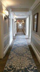 A grand hallway displays elegant decor, with a patterned runner and classic wall design, creating a sophisticated and airy atmosphere.