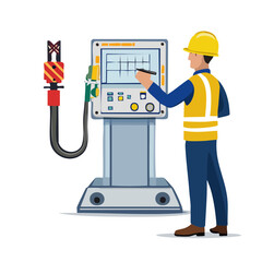 Industrial Worker Operating a Control Panel with Safety Gear.