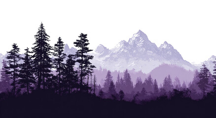 Purple-toned snowy mountain range with dark forest silhouette