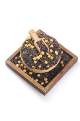 Mixed Black Beans Soybeans and Grains in Rustic Wooden Box with Scoop on White Background
