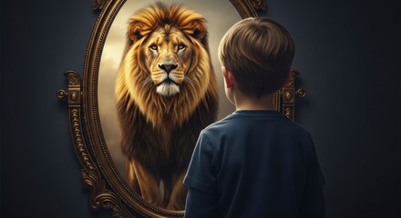 A young boy looks into a mirror, seeing the reflection of a powerful lion, symbolizing inner strength, courage, and self-discovery.