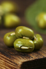 Fresh Green Mung Beans on Wooden Board - Organic Healthy Cooking Ingredient