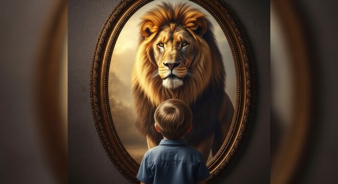 A young boy looks into an ornate mirror, seeing a powerful lion as his reflection, symbolizing inner strength, potential, and self-belief. A metaphor for discovering one's true self.