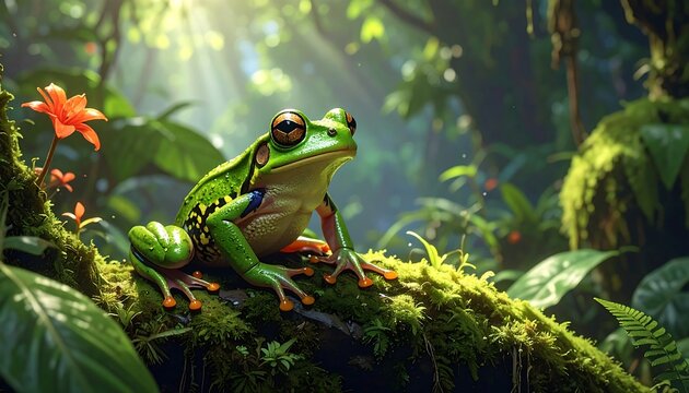 A vibrant green tree frog perches serenely on a mossy log, bathed in the tropical sunlight of a lush, flourishing rainforest.