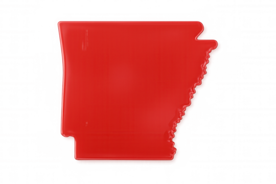 Shiny red depiction of arkansas with transparent background, ideal for projects related to the natural state