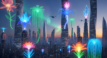 Fototapeta premium Futuristic Cityscape Illuminated by Giant Bioluminescent Flora at Dusk