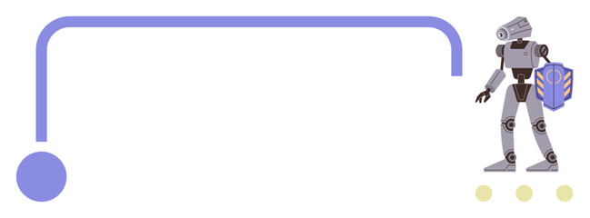 Humanoid robot with metal body walking near curved line and dotted path. Ideal for AI, robotics, innovation, automation, progress, futuristic design, tech solutions. Simple flat metaphor