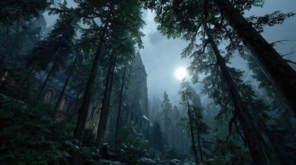 Obraz premium Fantasy castle in forest with moonlit foggy night concept. Mysterious forest scene with towering trees and a shadowy building.