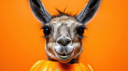 Fototapeta premium Llama Portrait Holding Pumpkin Against Bright Orange Background