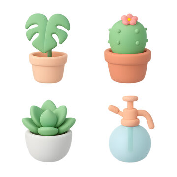 Houseplants icons set of 4, pastel 3D monstera in pot cactus with flower succulent rosette in ceramic pot and glass plant mister, isolated PNG for decor stickers apps and indoor gardening visuals, cla