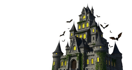 Halloween haunted castle spooky bats flying horror night fantasy scene on transparent background