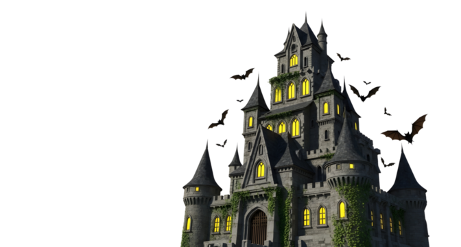 Halloween haunted castle spooky bats flying horror night fantasy scene on transparent background - Powered by Adobe