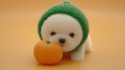 Fototapeta premium Adorable puppy with a pumpkin on a vibrant orange background