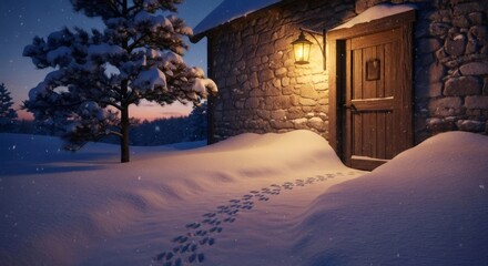 A stone house with a glowing lantern and animal footprints in the snow during a winter evening. Winter night landscape for holiday season.