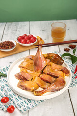 Whole Smoked Air-Dried Duck Traditional Style Plate with Chopsticks and Cherry Tomatoes Farmers Market Presentation