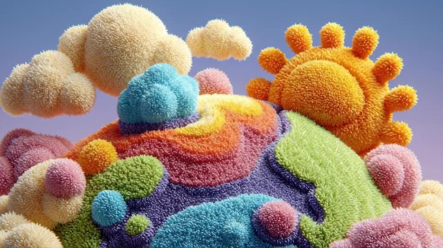 Whimsical textured fabric earth and landscape with colorful clouds, sun, and hills, playful cheerful pastel fantasy art, vibrant soft emotions