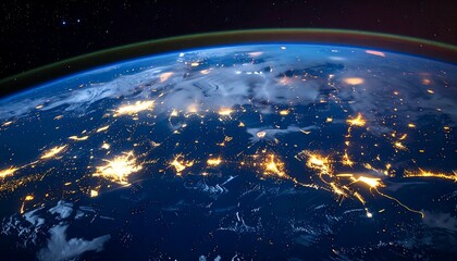 A breathtaking view of Earth at night, showcasing the vibrant glow of city lights across continents.