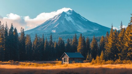 Mountain cabin in autumnal forest