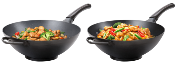 Two wok pans filled with stir-fried chicken and vegetables.  Dark gray wok pans with dark gray handles.  Chicken, broccoli, peppers, and other vegetables are stir-fried and appear cooked
