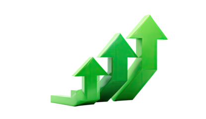 Three upward-pointing, light-green 3D arrows, stacked to depict growth and progress