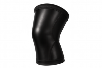 Close-up of a black knee support brace, providing stability and protection, isolated on a transparent background