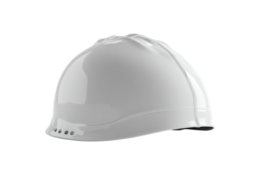 A glossy white hard hat, angled view, showing its smooth, rounded shell and small ventilation holes