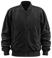Black bomber jacket, front view.  Zippered closure,  two small pockets.  Smooth, matte finish