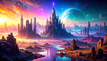 Colorful futuristic cityscape landscape