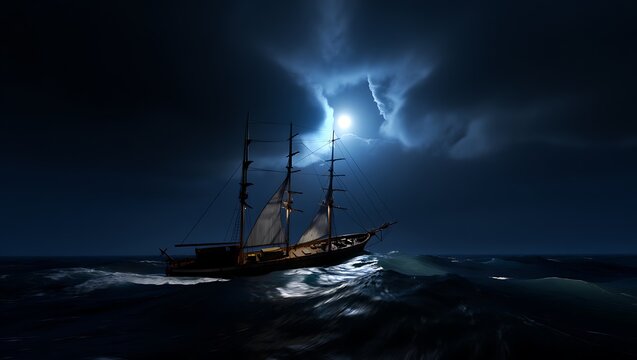Epic Sailing Ship in Stormy Seas Under Moonlight Adventure Maritime Navigation Concept - Powered by Adobe