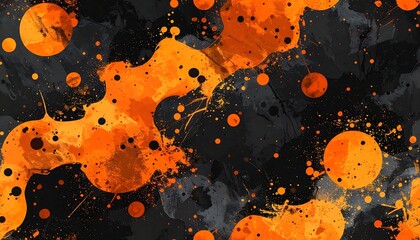 Abstract orange circles & splatters contrast w/ dark gray, watercolor-style background